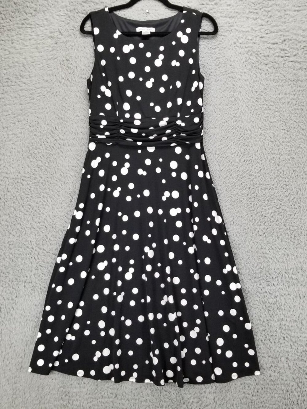 Laura Jeffries Dress Womens 10 Black Polka Dot Sleeveless Ruched Waist Midi
